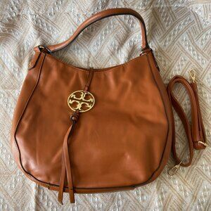 Tory Burch Miller Metal-Logo Slouchy Hobo Camel Bag